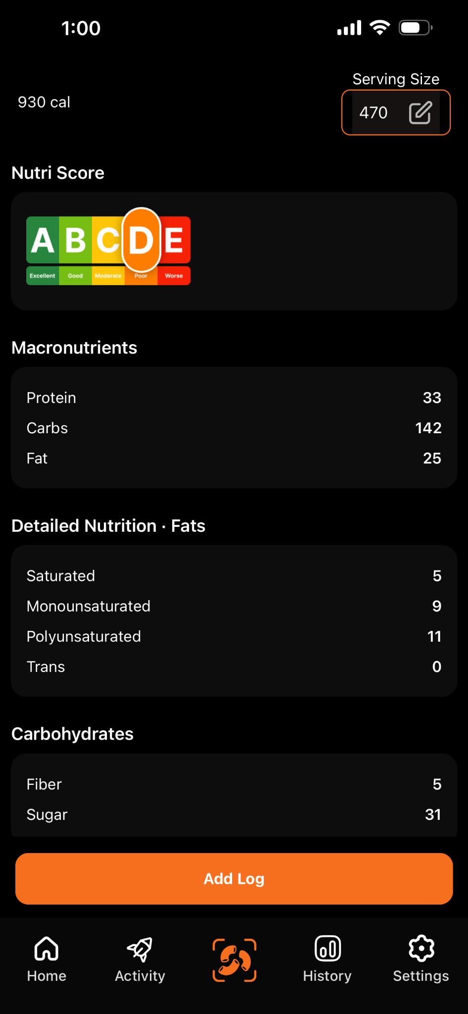 Macro iQ nutrition score and macro breakdown screen